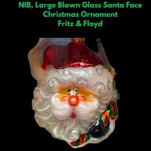 NIB, Large Blown Glass Santa Face Christmas Ornament